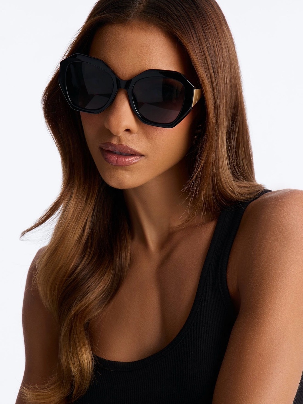 Women's Black Oversized Sunglasses with Gold Temples - Picture 2 of 4